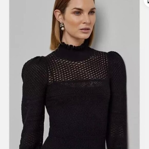 Ralph Lauren Purple Label Lace Cashmere-Silk Blend Puff-Sleeve Cocktail - Picture 2 of 15